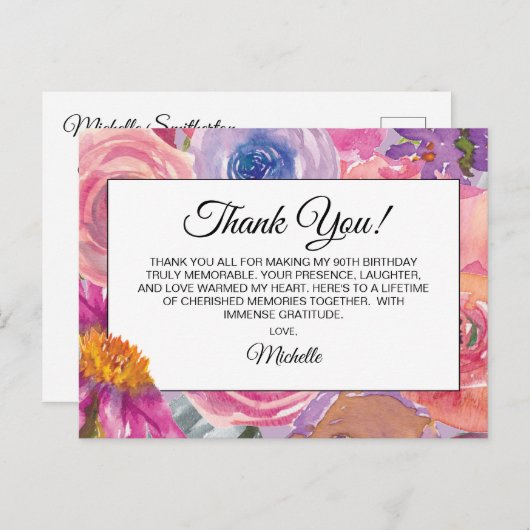 Paarse Roze Wildbloemen 90e Verjaardag Dank u Briefkaart (Voorkant / Achterkant)