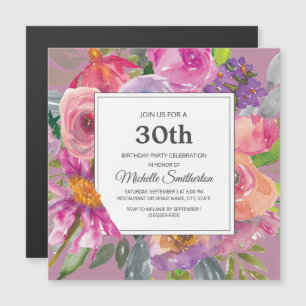 Paarse Roze Wilde Bloem 30e Verjaardagsfeest Vierk Magnetische Uitnodiging