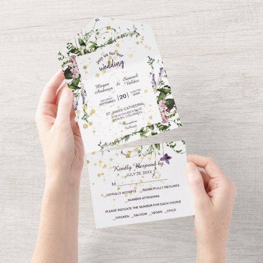 Paarse roze wilde bloemen all in one uitnodiging (Afscheurbaar)