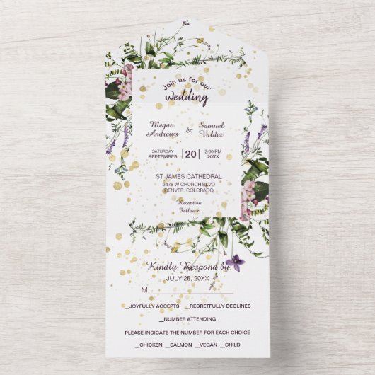 Paarse roze wilde bloemen all in one uitnodiging (Binnen)