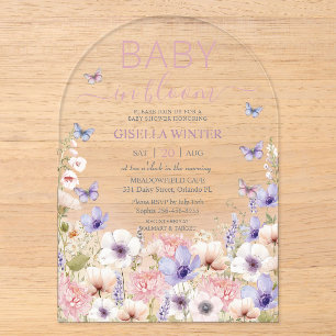 Paarse Roze Wilde Bloemen Vlinders Baby in Bloei Acryl Uitnodigingen