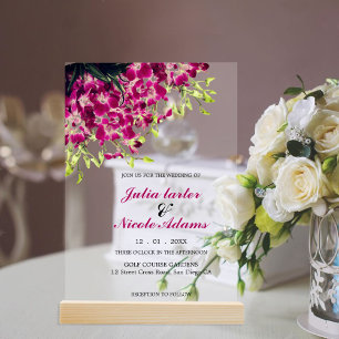 Paarse Roze Wilde Orchidee Bloemen Krans Bruiloft Acryl Uitnodigingen