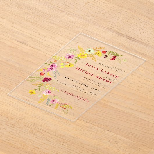 Paarse Roze Wilde Orchidee Bloemen Krans Bruiloft Acryl Uitnodigingen (Laagn)