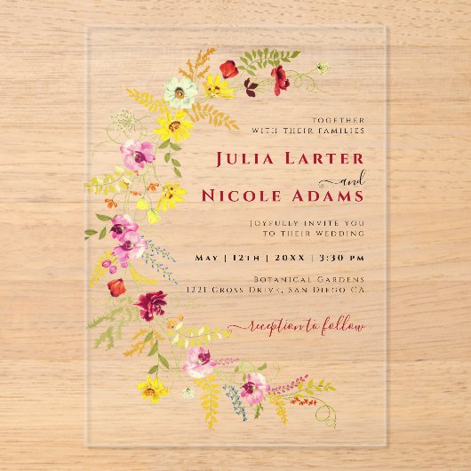 Paarse Roze Wilde Orchidee Bloemen Krans Bruiloft Acryl Uitnodigingen (Voorkant)