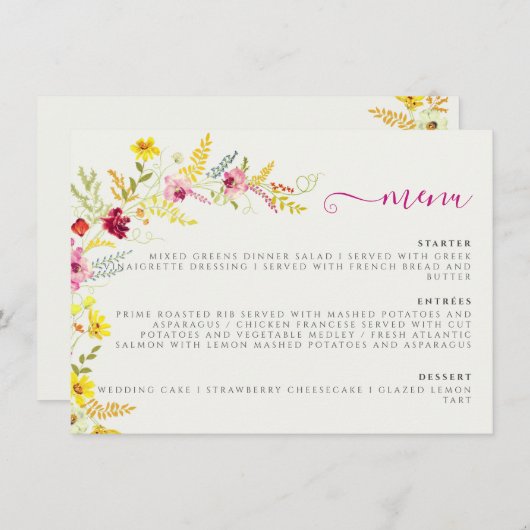 Paarse Roze Wilde Orchidee Bloemen Krans Bruiloft Menu (Voorkant / Achterkant)