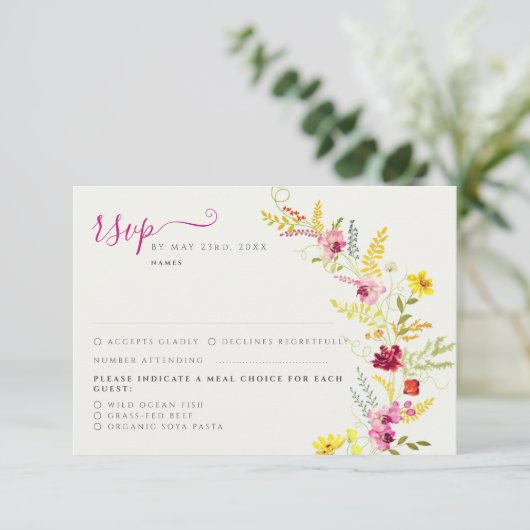 Paarse Roze Wilde Orchidee Bloemen Krans Bruiloft RSVP Kaartje (Staand voorkant)