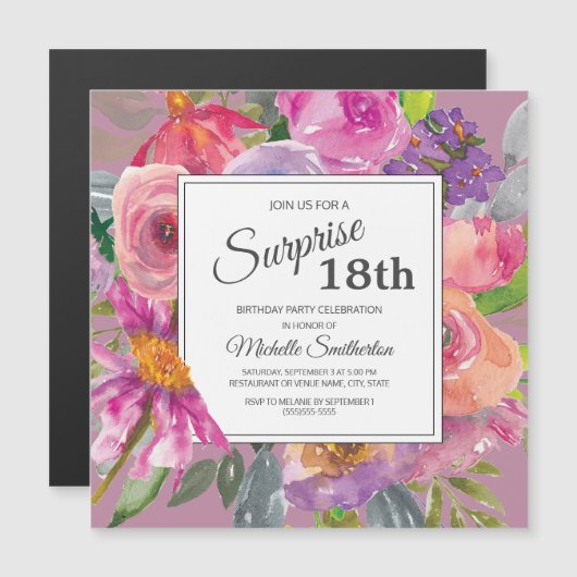 Paarse roze Wildflower Square 18th Birthday Party Magnetische Uitnodiging (Voorkant / Achterkant)