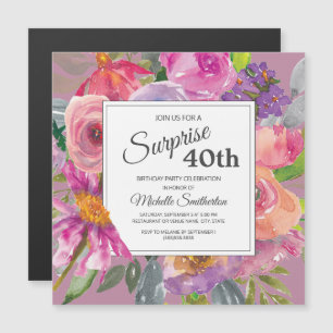 Paarse roze Wildflower Square 40th Birthday Party Magnetische Uitnodiging