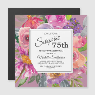 Paarse roze Wildflower Square 75th Birthday Party Magnetische Uitnodiging