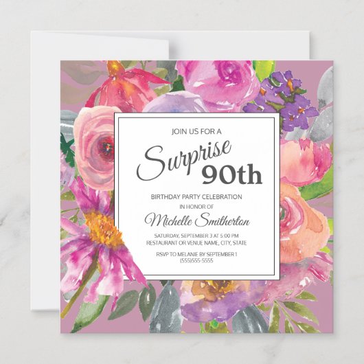 Paarse roze Wildflower Square 90th Birthday Party Magnetische Uitnodiging (Voorkant)