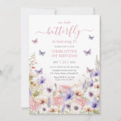 Paarse Roze Wildflower Vlinders 1e Verjaardag Kaart (Voorkant)