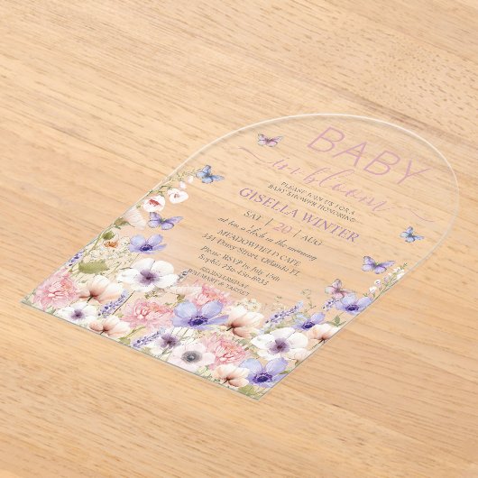 Paarse Roze Wildflower Vlinders Baby in Bloom Acryl Uitnodigingen (Laagn)