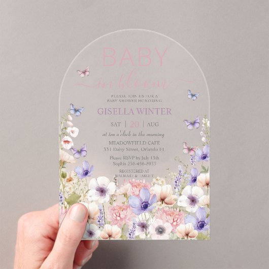 Paarse Roze Wildflower Vlinders Baby in Bloom Acryl Uitnodigingen (Insitu (Draagbaar))