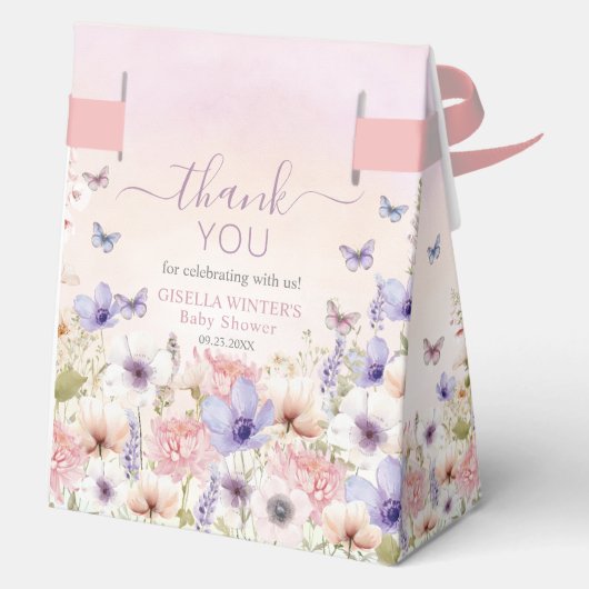 Paarse Roze Wildflower Vlinders Baby in Bloom Bedankdoosjes (Achterkant)