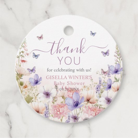 Paarse Roze Wildflower Vlinders Baby in Bloom Bedankjes Labels (Voorkant)