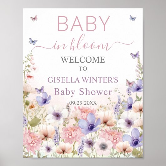 Paarse Roze Wildflower Vlinders Baby in Bloom Poster (Voorkant)