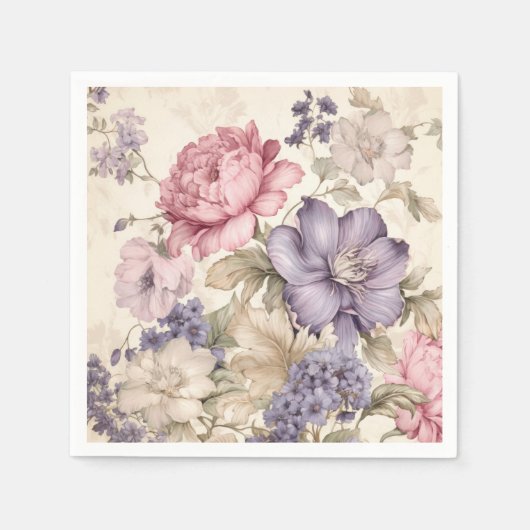 Paarse Roze Witte Bloemige Servetten (Voorkant)