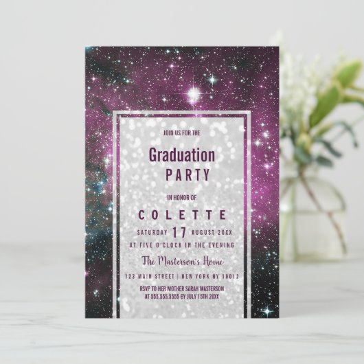 Paarse roze witte glitter nevel Graduation Party Kaart (Staand voorkant)