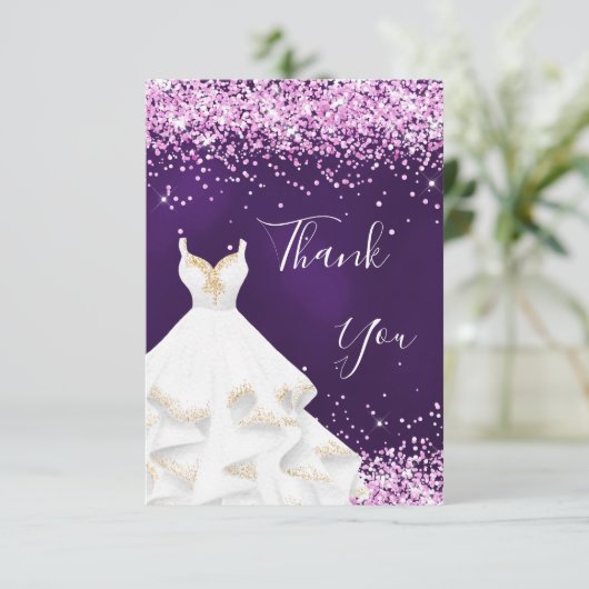Paarse roze witte jurk glitters glamour bedankkaart (Staand voorkant)