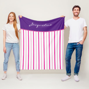 Paarse Roze Witte Strepen Naam Fleece Deken