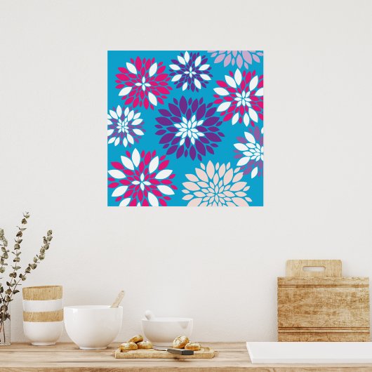 Paarse roze witte vloerkunst met Blauwgroen blauw Poster (Keuken)