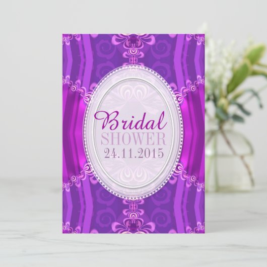 Paarse roze zatin Lace Bridal Shower Invitation Kaart (Staand voorkant)