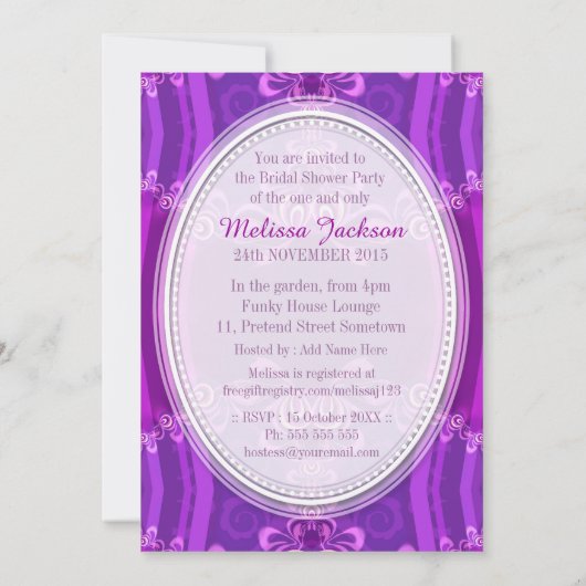 Paarse roze zatin Lace Bridal Shower Invitation Kaart (Achterkant)