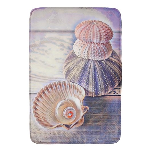 Paarse roze zeeschelpen op houten waterverf badmat (Voorkant Verticaal)