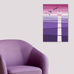 Paarse roze zeevogels bij zonsondergang Vector Art Poster