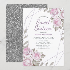 Paarse roze zilver Glitter Geometric Sweet Sixteen Kaart