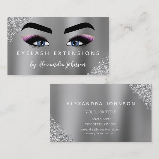 Paarse roze zilveren glitter wimperextensions visitekaartje (Voorkant / Achterkant)