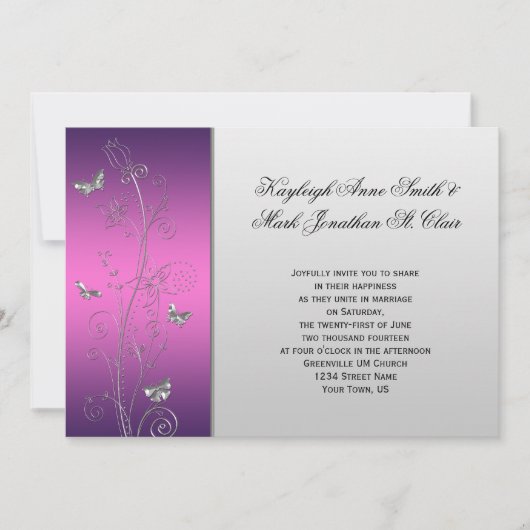 Paarse roze zilveren vlinderbloemigen bruiloft kaart (Voorkant)