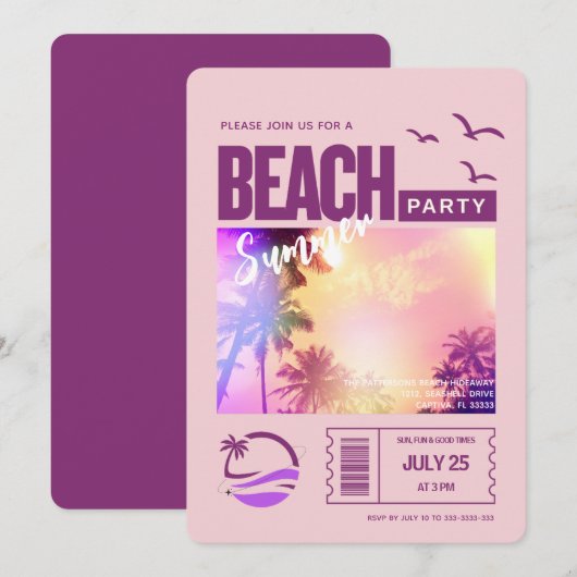 Paarse Roze Zomerstrandfeest Kaart (Voorkant / Achterkant)