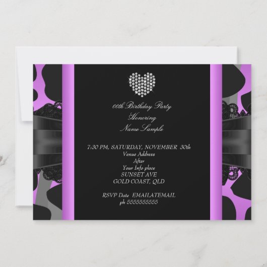 Paarse roze zwarte diamanthartslag Birthday Party Kaart (Achterkant)