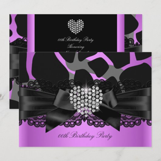 Paarse roze zwarte diamanthartslag Birthday Party Kaart (Voorkant / Achterkant)