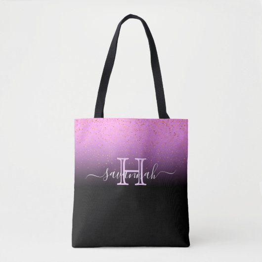 Paarse roze zwarte gradiënt monogram naam chic tote bag (Voorkant)