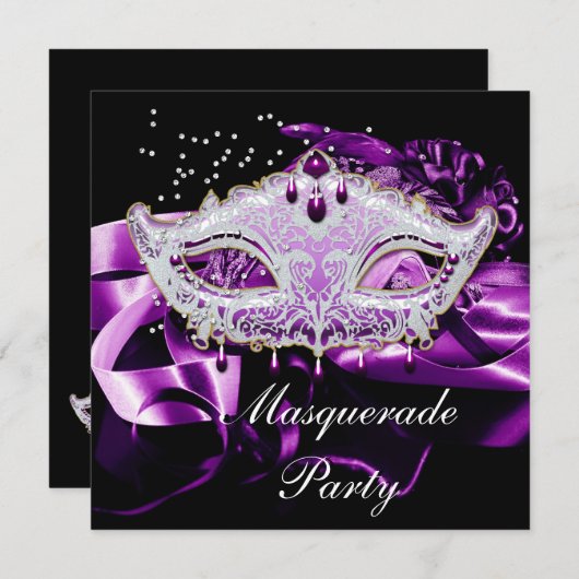 Paarse roze zwarte Masquerade Ball Party Kaart (Voorkant / Achterkant)