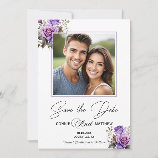 Paarse Rozen 1 speciale foto bruiloft Save The Date (Voorkant)