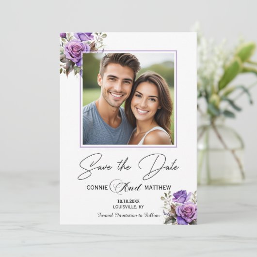 Paarse Rozen 1 speciale foto bruiloft Save The Date (Staand voorkant)