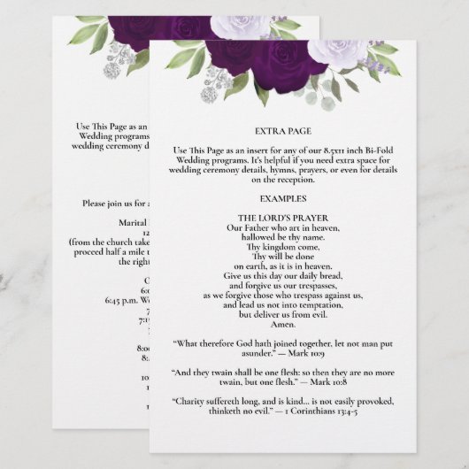 Paarse Rozen Bi-Fold Huwelijksprogramma Extra Pagi (Voorkant / Achterkant)
