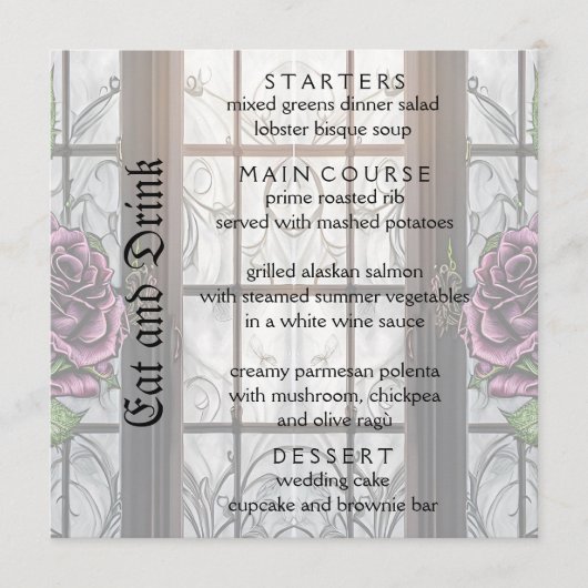 Paarse rozen bij het raam - gotische stijl bruilof menu (Voorkant)