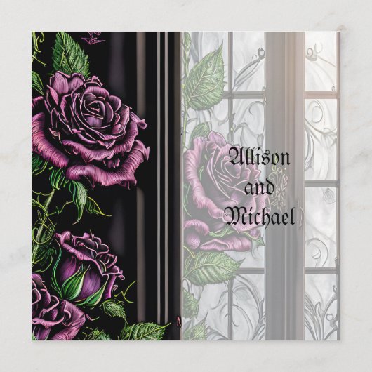 Paarse rozen bij het raam - gotische stijl bruilof menu (Achterkant)