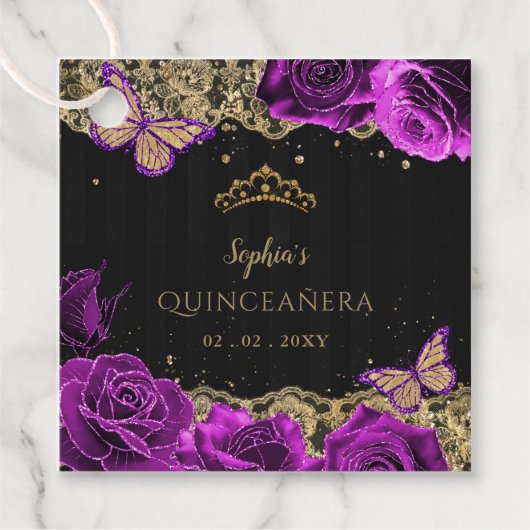  Paarse Rozen Black Gold Lace Quinceañera Bedankjes Labels (Voorkant)