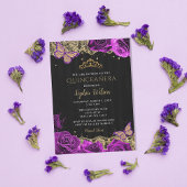  Paarse Rozen Black Gold Lace Quinceañera Kaart
