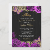  Paarse Rozen Black Gold Lace Quinceañera Kaart (Voorkant)