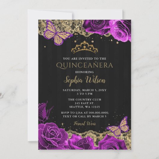 Paarse Rozen Black Gold Lace Quinceañera Kaart (Voorkant)