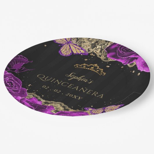 Paarse Rozen Black Gold Lace Quinceañera Papieren Bordje (Gekanteld)