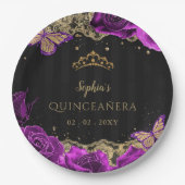 Paarse Rozen Black Gold Lace Quinceañera Papieren Bordje (Voorkant)
