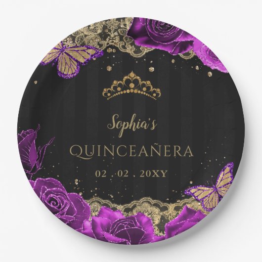  Paarse Rozen Black Gold Lace Quinceañera Papieren Bordje (Voorkant)