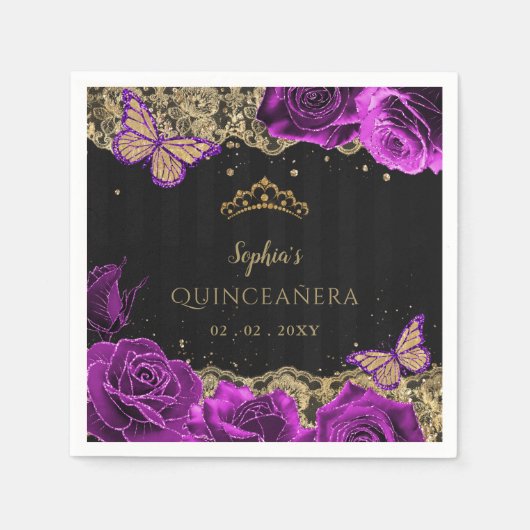  Paarse Rozen Black Gold Lace Quinceañera Servet (Voorkant)